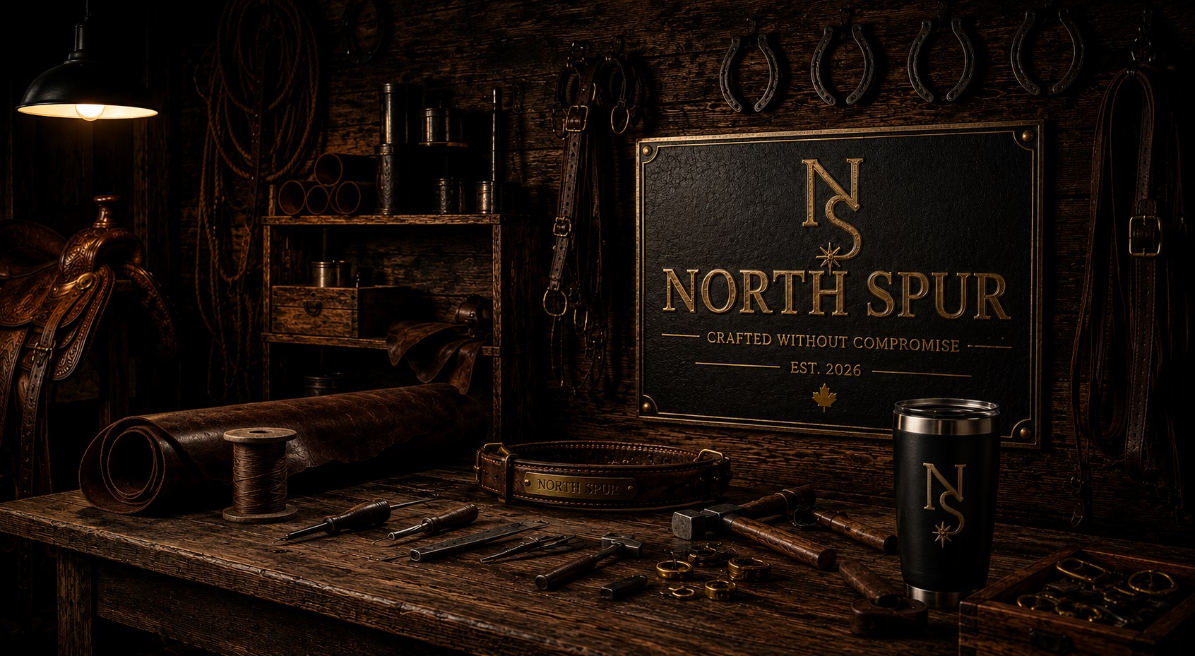 North Spur workshop with leather tools and western goods